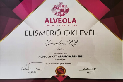 Szendrei Kft. Aranypartner díj